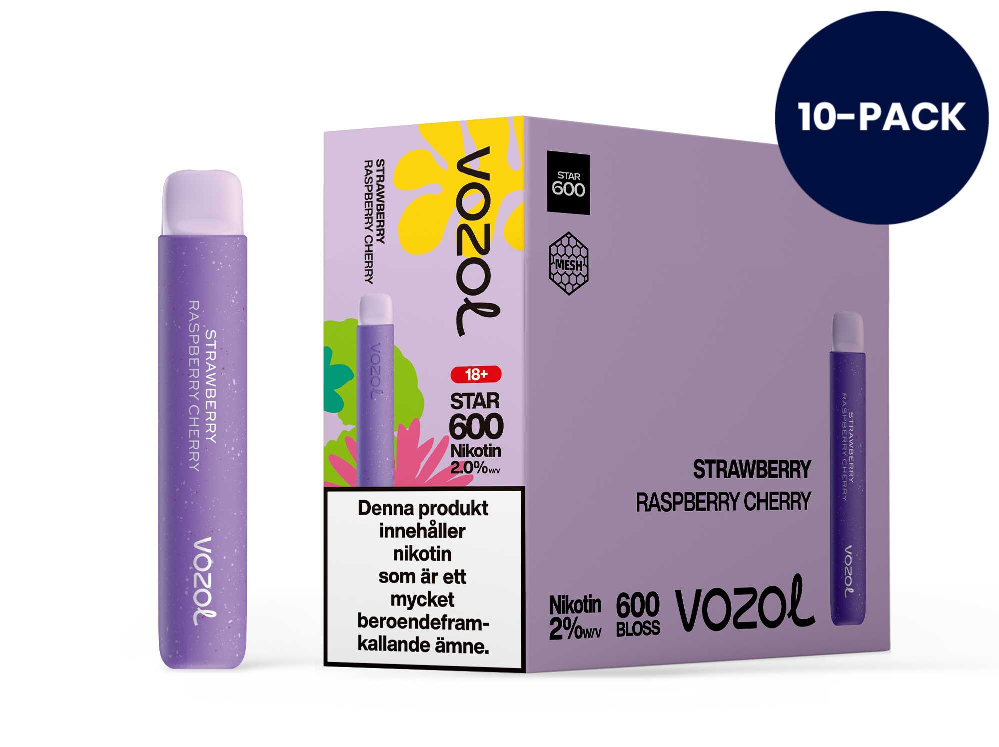 Vozol 600 Strawberry Raspberry Cherry | Engångs Vape | 20mg | 10-pack ...